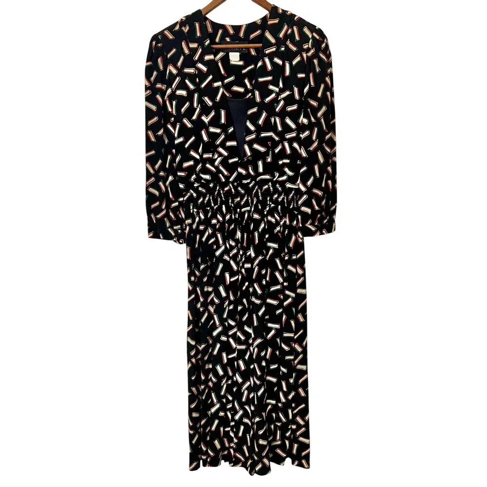 WARREN Z Black Abstract Geometric Print Midi Dress Smocked Waist Retro 80s VTG
